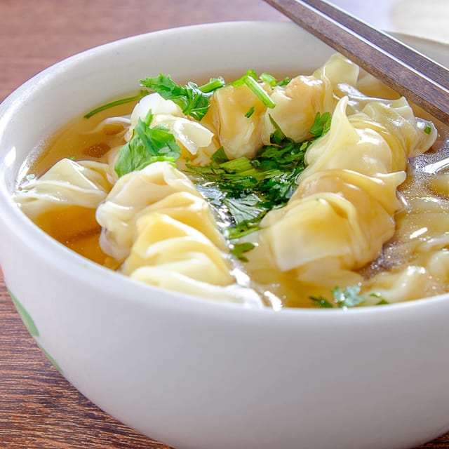 Roast Pork & Shrimp Dumplings Noodle Soup.